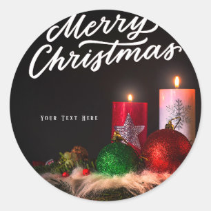 Candle lights and ornaments Merry Christmas Cards Classic Round Sticker