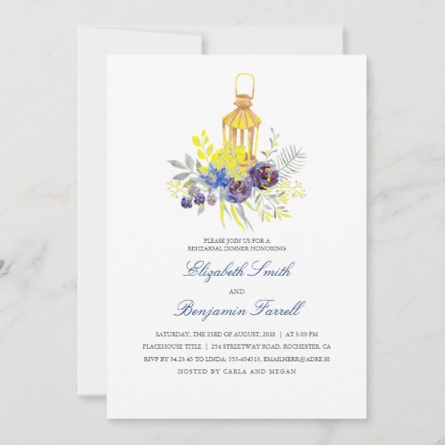 Candle Lit Lantern  Blue Yellow Rehearsal Dinner Invitation