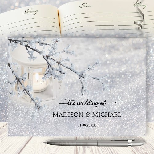 Candle Lit Lantern In Sparkling Snow Wedding Guest Book