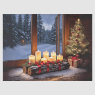 Candle Lit Yule Log Table Centerpiece Decoupage Cr Tissue Paper