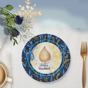 Candle Navy Blue Pattern Happy Hanukkah Paper Plates