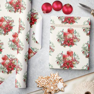 Candle Poinsettia Christmas Gift Wrapping Paper