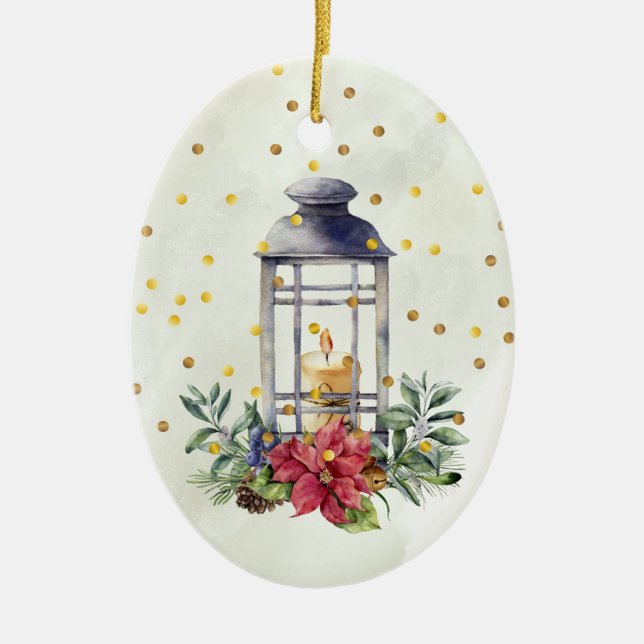 Candle, Poinsettia, mistletoe, confetti Christmas Ceramic Ornament (Front)