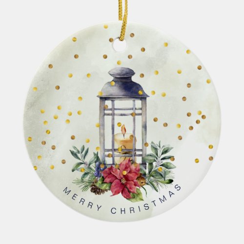 Candle Poinsettia mistletoe confetti Christmas Ceramic Ornament