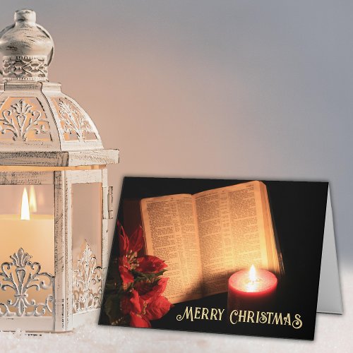 Candle Poinsettia Old Bible Holiday Card