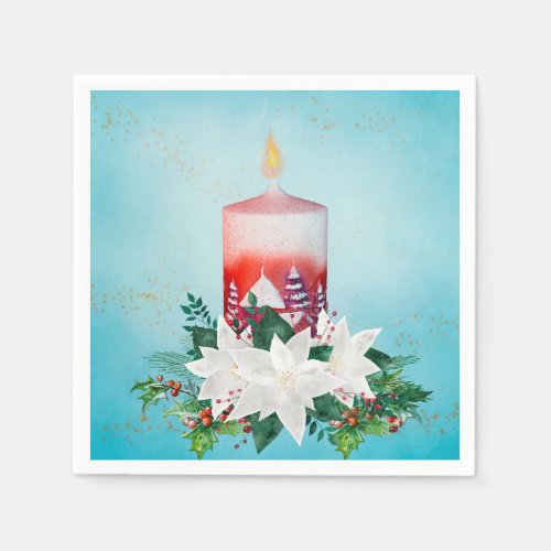 Candle with Christmas Bouquet on Blue Napkins