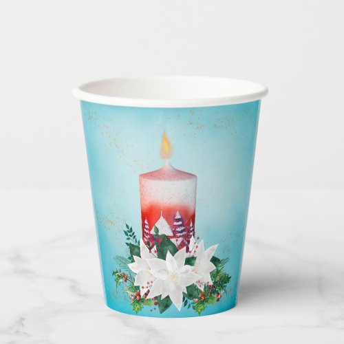 Candle with Christmas Bouquet on Blue Paper Cups