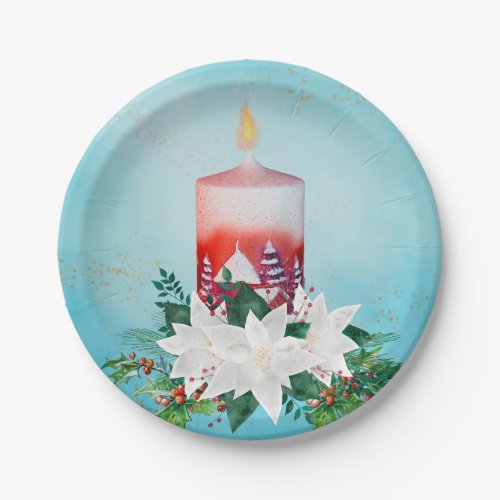 Candle with Christmas Bouquet on Blue Paper Plates