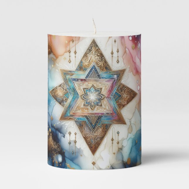Candle With Star Of David Gold Pink Blue Abstract  (Front)
