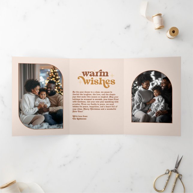 Candlelight Amber Cozy Vibes Retro Christmas Photo Tri-Fold Holiday Card (Inside)