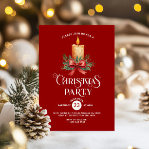 Candlelight Red Bow on Red Christmas Party Invite