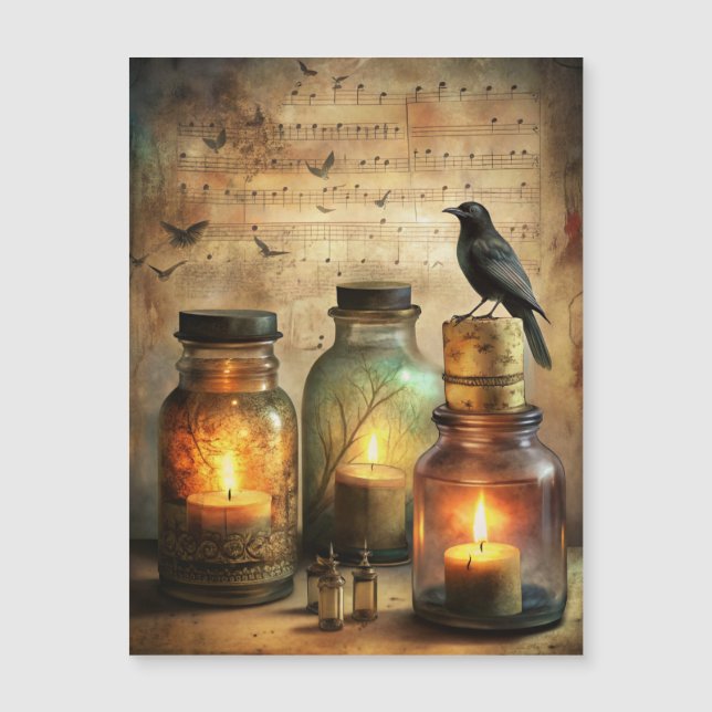 Candlelit Crow with Antique Bottles & Sheet Music (Front)