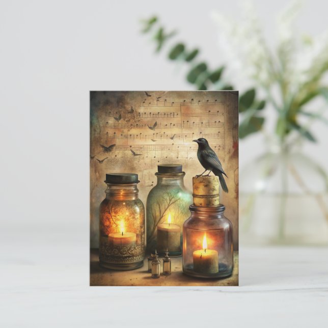 Candlelit Crow with Antique Bottles & Sheet Music Postcard (Standing Front)