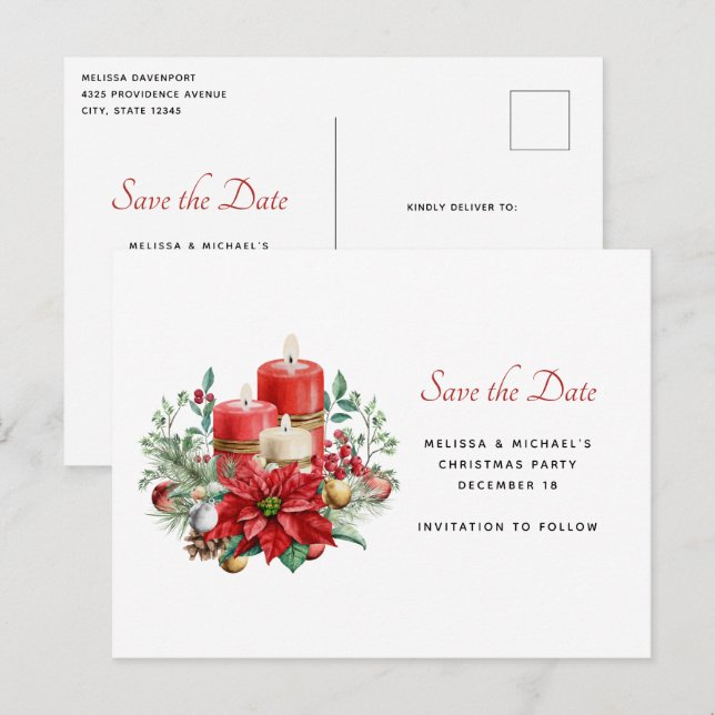 Candles and Floral Bouquet Christmas Save the Date Invitation Postcard (Front/Back)