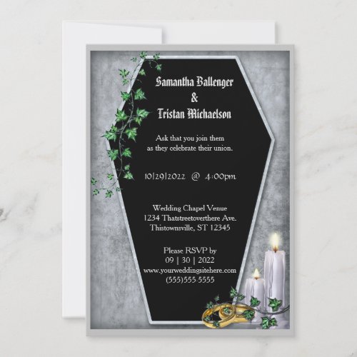 Candles and Ivy Coffin Shaped Modern Goth Wedding Invitation