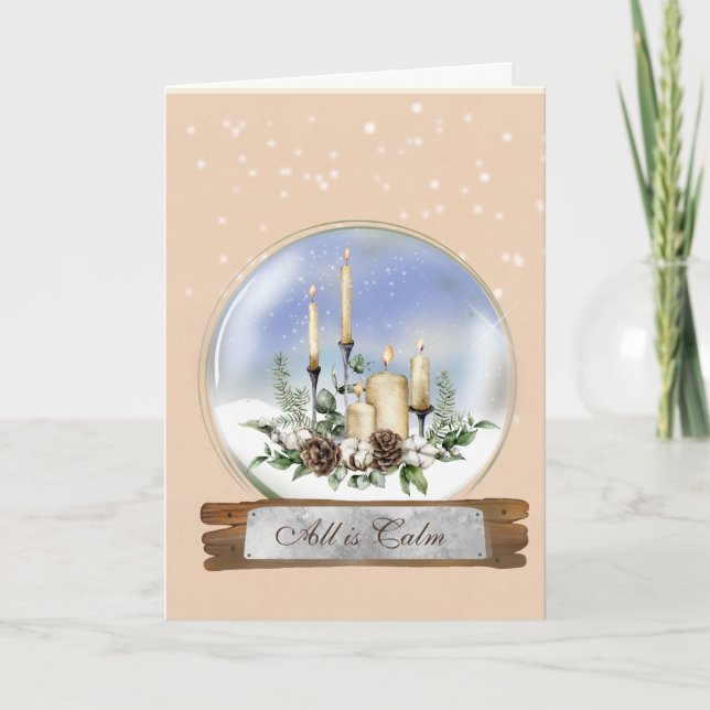 Candles and Pine Bough Snow Globe Christmas Card (Front)