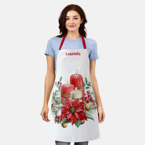 Candles and Poinsettia Bouquet Christmas Apron