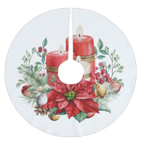 Candles and Poinsettia Bouquet Christmas Brushed Polyester Tree Skirt