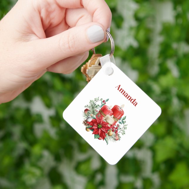 Candles and Poinsettia Bouquet Christmas Keychain (Hand)
