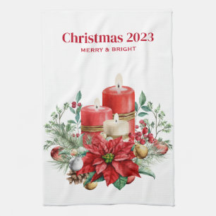 Candles and Poinsettia Bouquet Christmas Kitchen Towel
