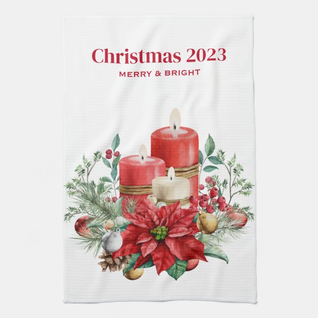Candles and Poinsettia Bouquet Christmas Kitchen Towel (Vertical)