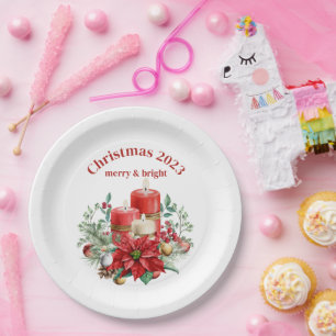 Candles and Poinsettia Bouquet Christmas Paper Plates