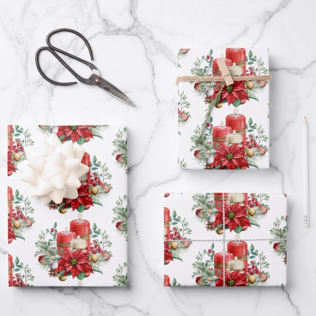 Candles and Poinsettia Bouquet Christmas Pattern Wrapping Paper Sheets (Front)