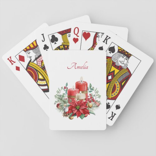 Candles and Poinsettia Bouquet Christmas Poker Cards