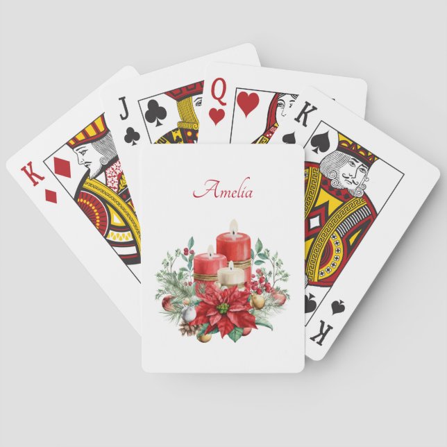 Candles and Poinsettia Bouquet Christmas Poker Cards (Back)