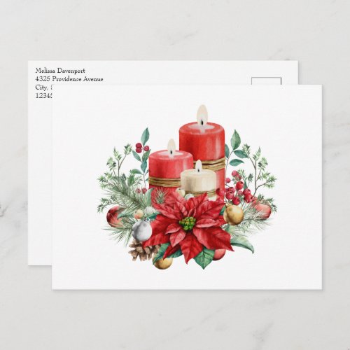 Candles and Poinsettia Bouquet Christmas Postcard