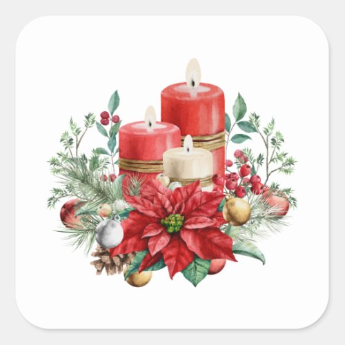 Candles and Poinsettia Bouquet Christmas Square Sticker