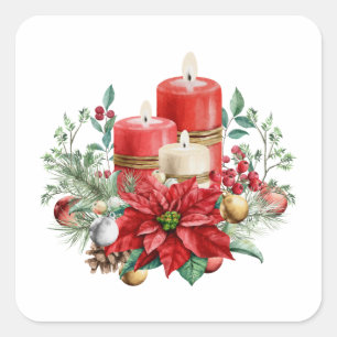 Candles and Poinsettia Bouquet Christmas Square Sticker
