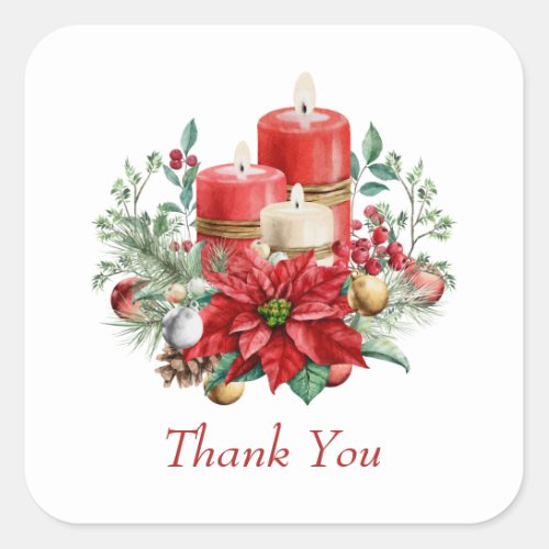 Candles and Poinsettia Bouquet Christmas Thank You Square Sticker