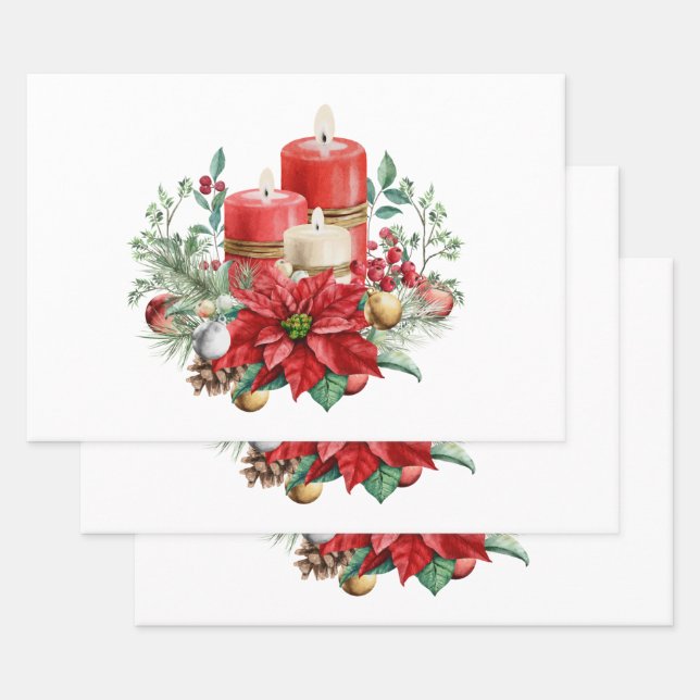 Candles and Poinsettia Bouquet Christmas Wrapping Paper Sheets (Set)