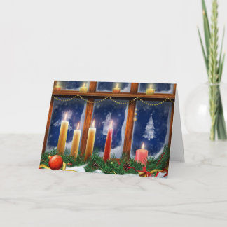 Candles In The Snow Frosted Window Holiday Card
