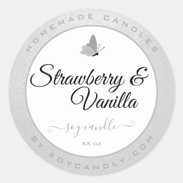 Candles Packaging Clean Silver Gray Cute Butterfly Classic Round Sticker (Front)