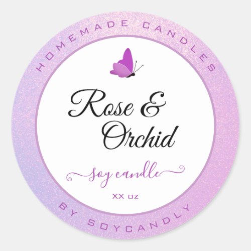 Candles Packaging Pink Ombre Glitter Butterfly Classic Round Sticker