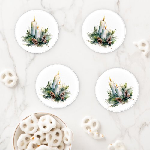 Candles Pine Cones and Greenery Christmas  Coaster Set