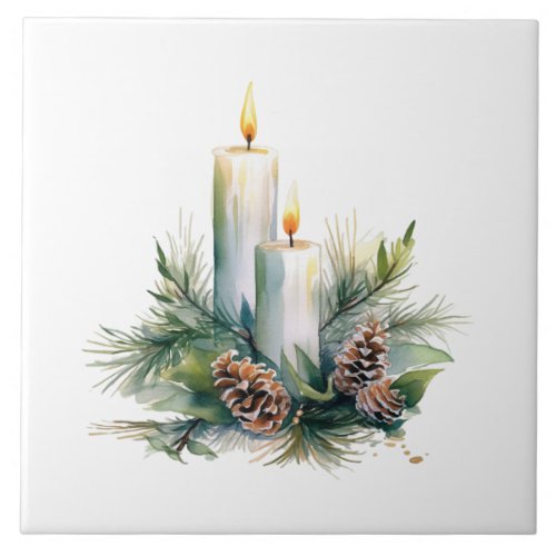 Candles Pine Cones and Greenery Home Decor Ceramic Tile