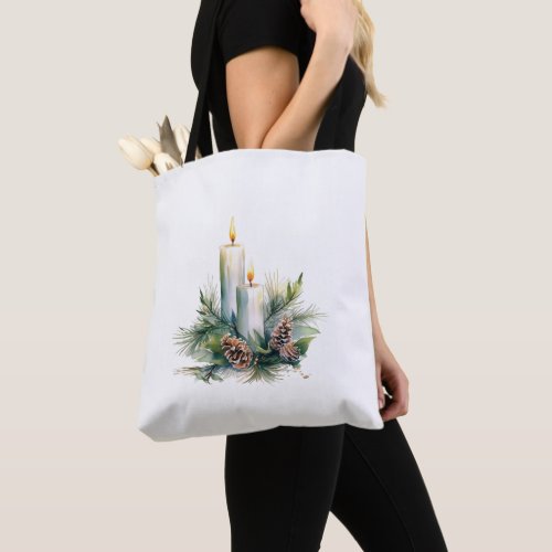 Candles Pine Cones and Greenery  Tote Bag