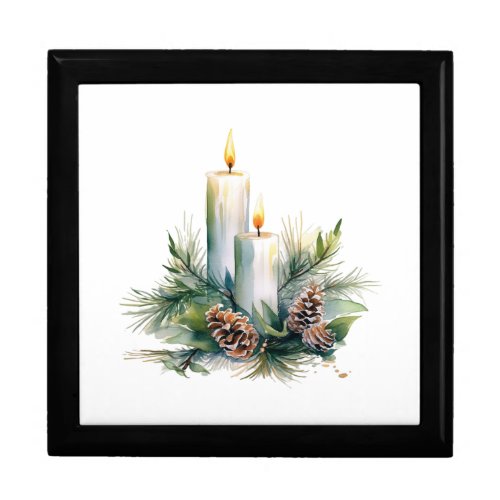 Candles Pine Cones and Greenery Wooden Jewelry  Gift Box