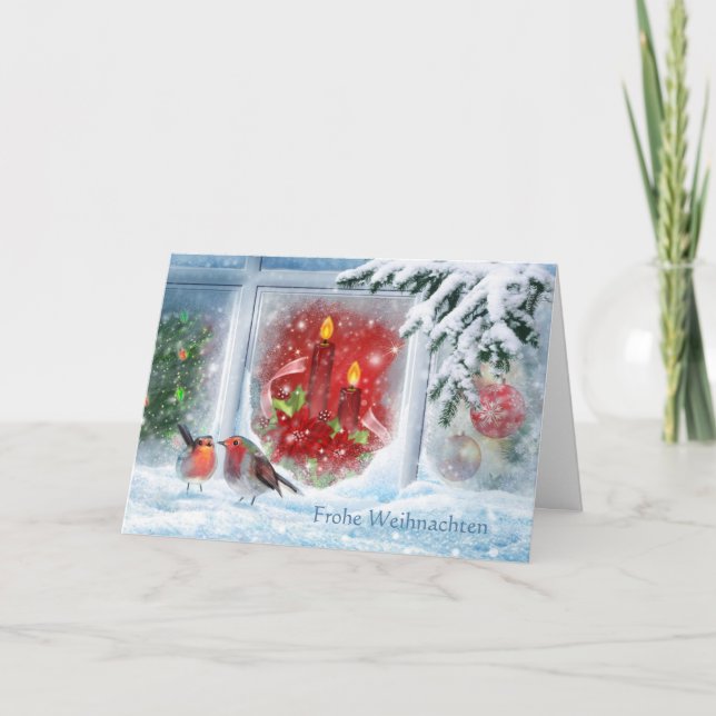 Candles, poinsettias, robins and German Christmas Holiday Card (Front)