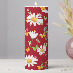 Candles, Pretty Daisies on Field of Red Pillar Candle
