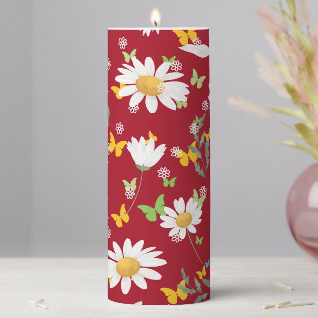 Candles, Pretty Daisies on Field of Red Pillar Candle (In Situ)