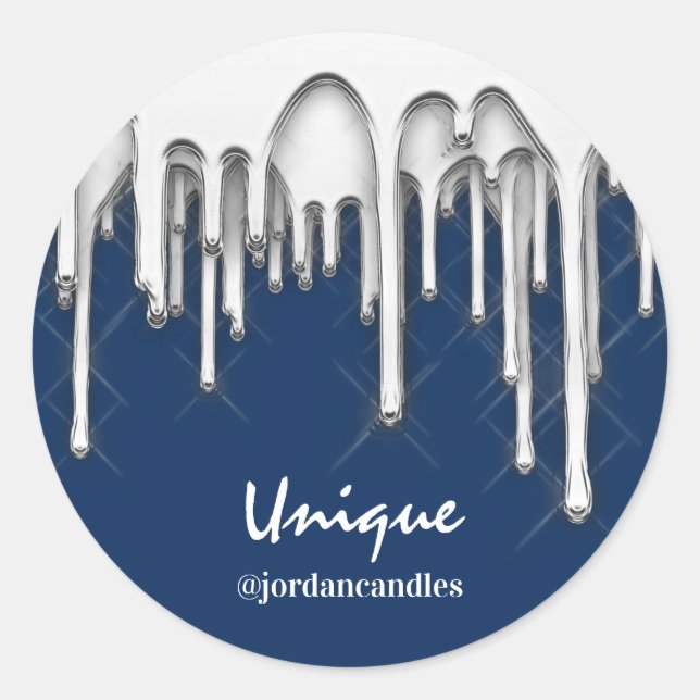 Candles Small BusIness Name Silver Gray Drips Classic Round Sticker (Front)