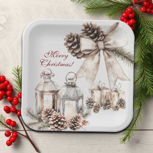 Candles Snow Pine Cones Christmas Paper Plates
