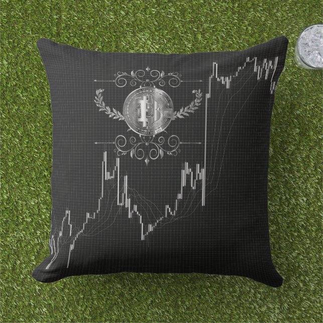 Candlestick Chart With Bitcoin Gold Coin Money Outdoor Pillow (Grass)