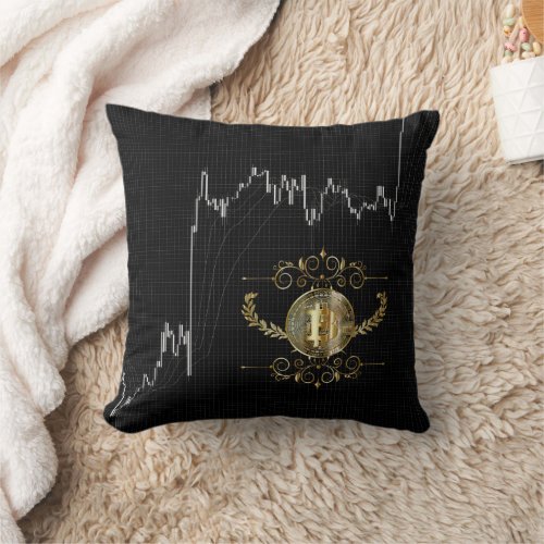 Candlestick chart with Bitcoin Gold Coin Throw Pillow