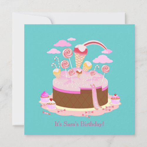 Candy and chocolate cake birthday party invitation
