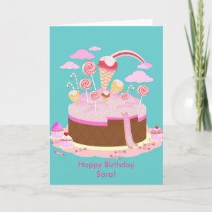 Candy and chocolate cake for birthday party card